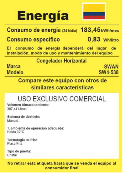 Exhibidor Congelador SWAN 307L Tapa de Vidrio Templado y Exhibición Premium (Modelo SW-538)