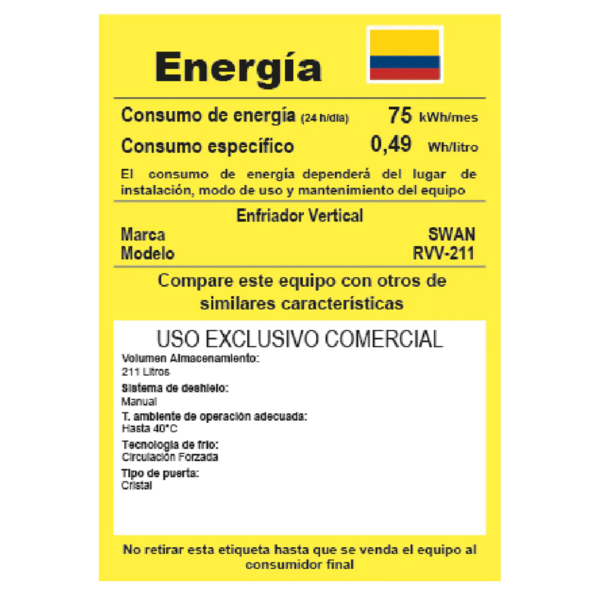 Vitrina Refrigerada Vertical SWAN 211L  Exhibición Elegante y Ahorro de Espacio (Modelo RVV-211 MA CS)