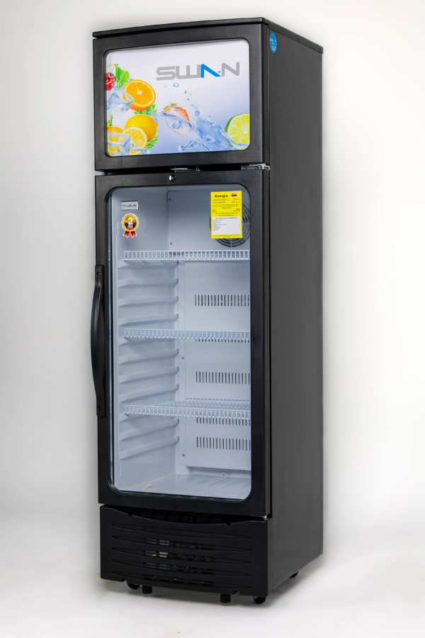 Vitrina Vertical Exhibidora SWAN 360L Doble Puerta y Doble Acción (Modelo SCD-3708)