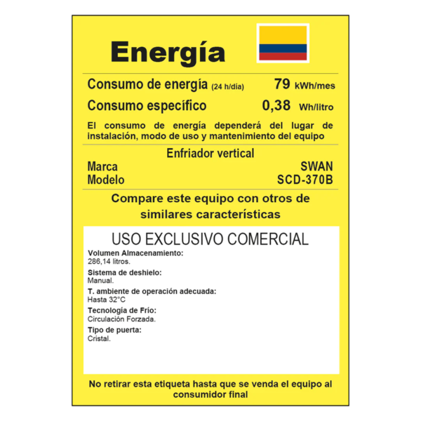 Vitrina Vertical Exhibidora SWAN 360L Doble Puerta y Doble Acción (Modelo SCD-3708)