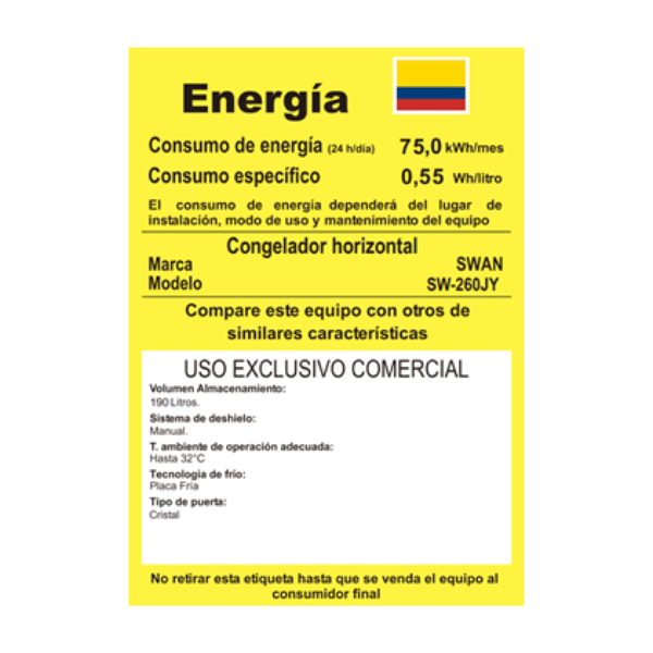 Exhibidor Congelador SWAN 190L Estilo Elegante y Conservación de Precisión (Modelo SW-260JY)