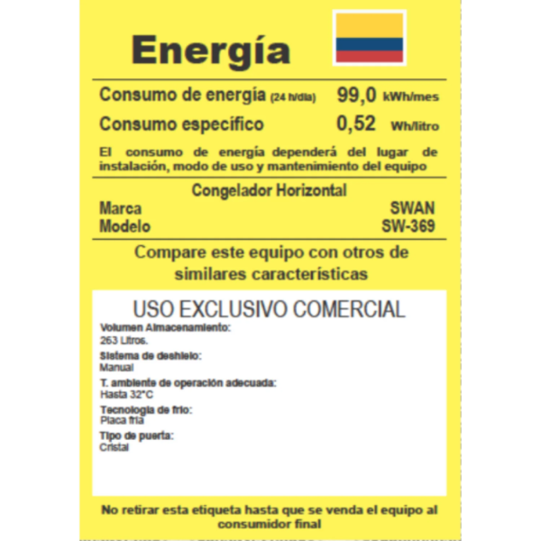 Exhibidor Congelador Profesional SWAN 263L Potencia CUBIGEL y Exhibición de Alto Flujo (Modelo SW-369)