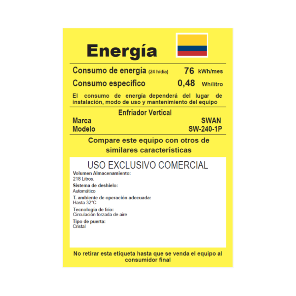 SW-240-1P-3 Vitrina Exhibidora Vertical SWAN SW-240-1P Puerta de Vidrio 218 Litros