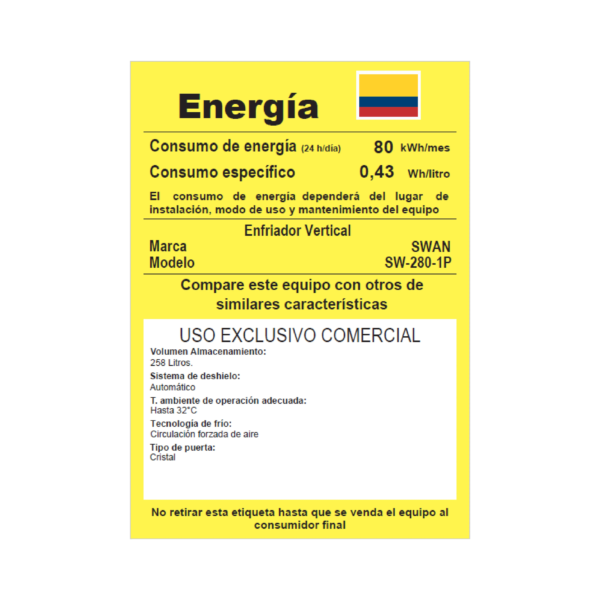 SW-280-1P-3 Vitrina Exhibidora Vertical SWAN SW-280-1P Puerta de Vidrio 258 Litros
