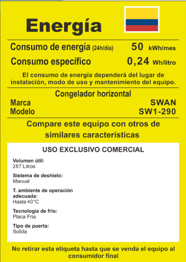 Congelador Horizontal DUAL SWAN SW1-290 Tapa Sólida 287 Litros