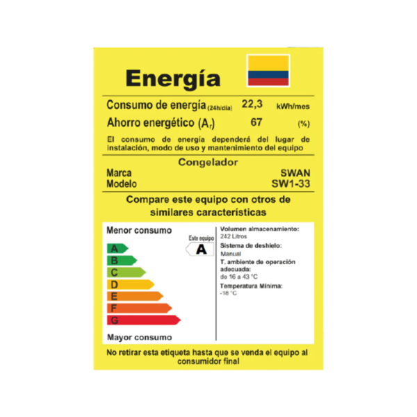Congelador Vertical Premium SWAN 242 Lts SW1-33 Puerta Sólida