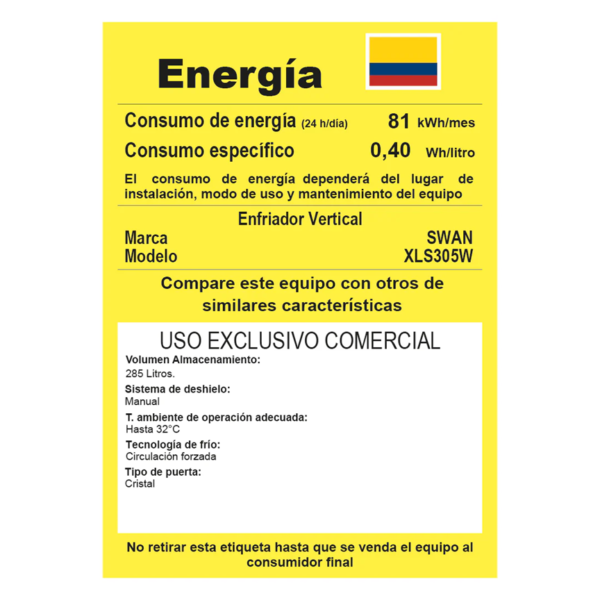 Vitrina Exhibidora Vertical SWAN XLS-305W Puerta de Vidrio 300 Litros